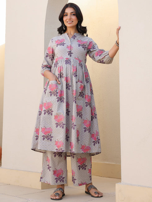 Grey Pure Cotton Foil Printed Flared Maternity Kurta Set